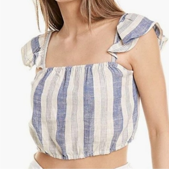 Alice + Olivia Celestia Size Small Striped Linen Blend Flutter Sleeve Crop Top - Picture 1 of 9